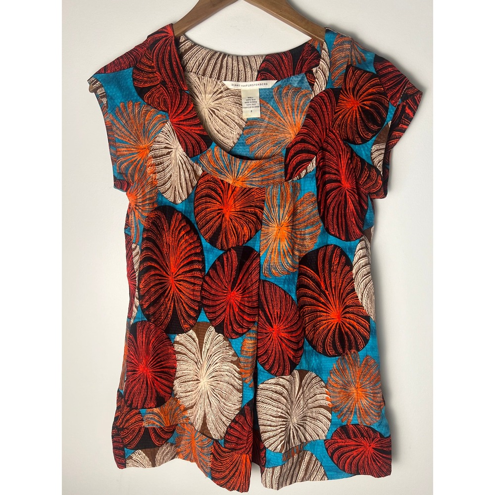 Diane von Furstenberg Silk Top Wm 2 Multicolor Botanical Print Cap Sleeve Blouse